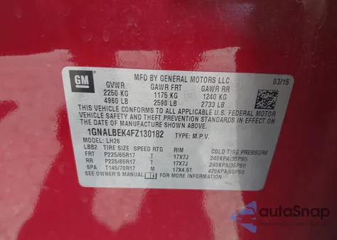 2015 Chevrolet Equinox 1Lt z USA, uszkodzony, nr VIN 1GNALBEK4FZ130182